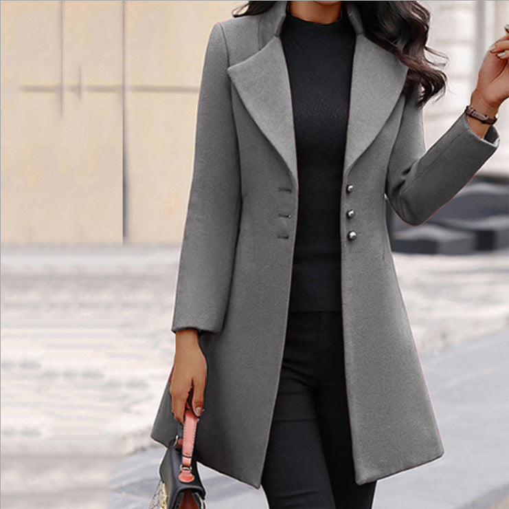 Hannah – Tailored Long Coat | Lapel Collar & Button Front for Winter