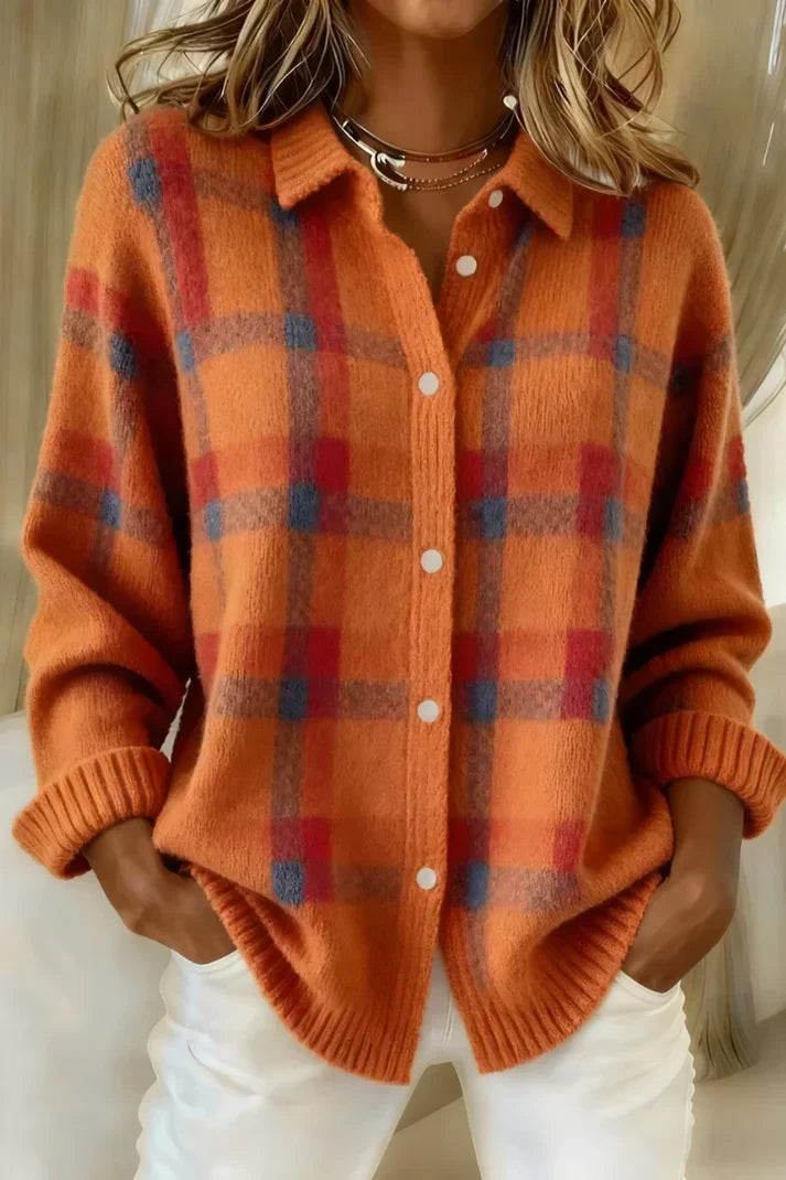 Camellia – Checkered Knit Cardigan | Cozy Plaid Layer for Fall