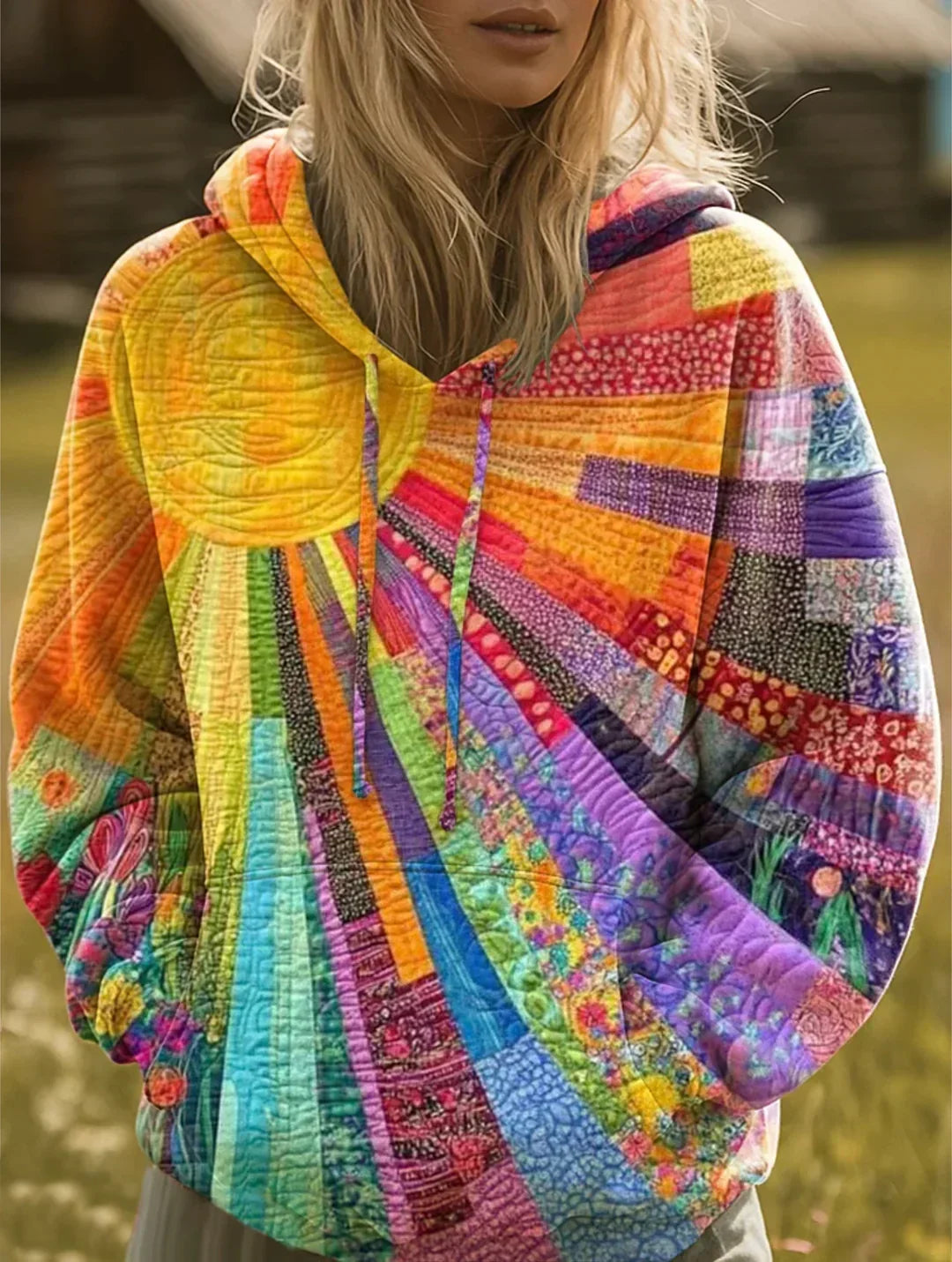 Madison – Patchwork Boho Hoodie | Colorful Sun Print, Relaxed Fit