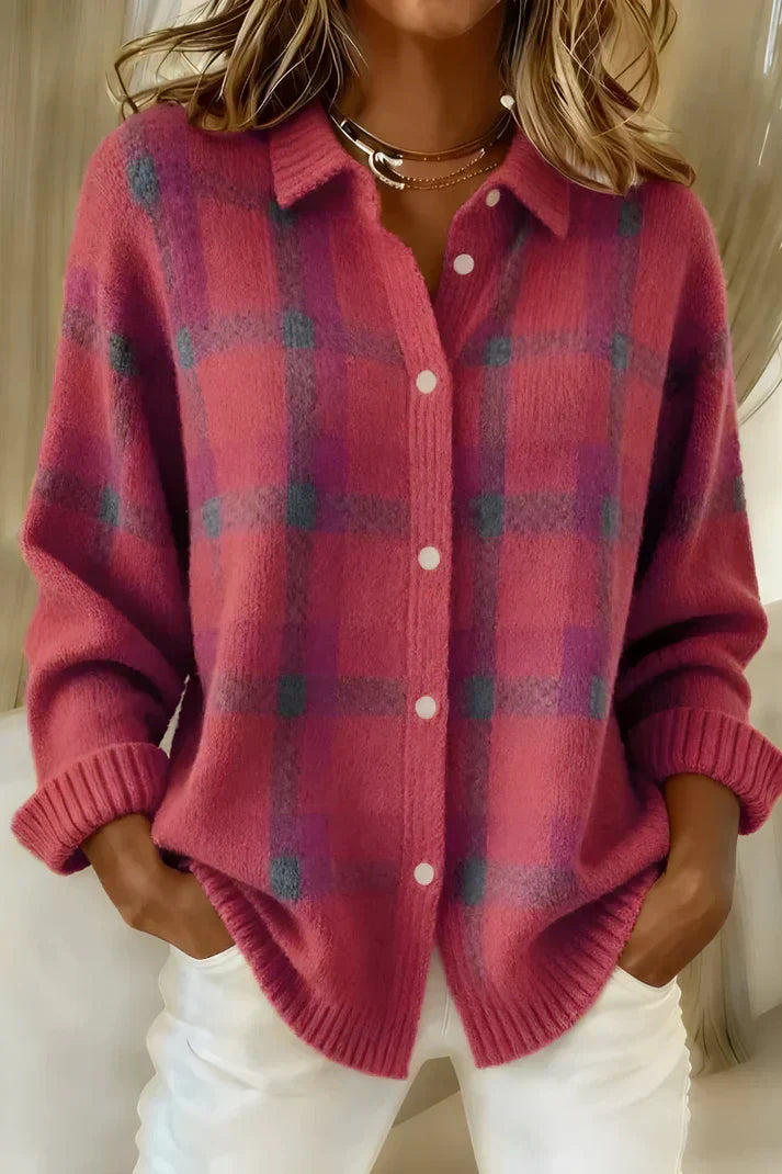 Camellia – Checkered Knit Cardigan | Cozy Plaid Layer for Fall
