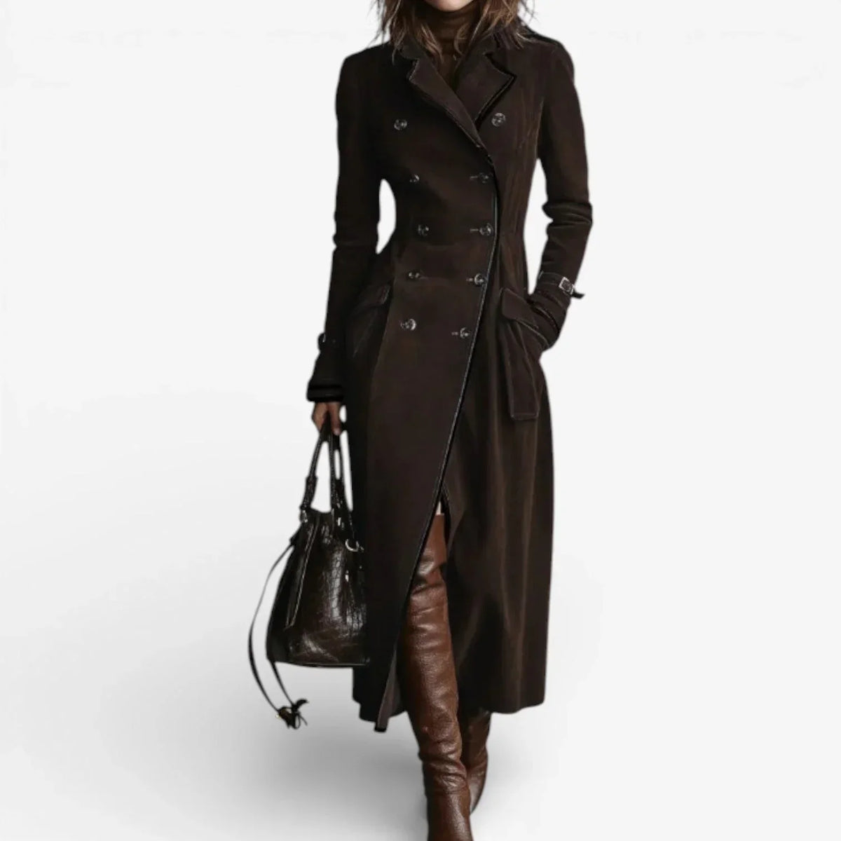 Mali – Suede Double-Breasted Trench Coat | Adjustable Cuffs